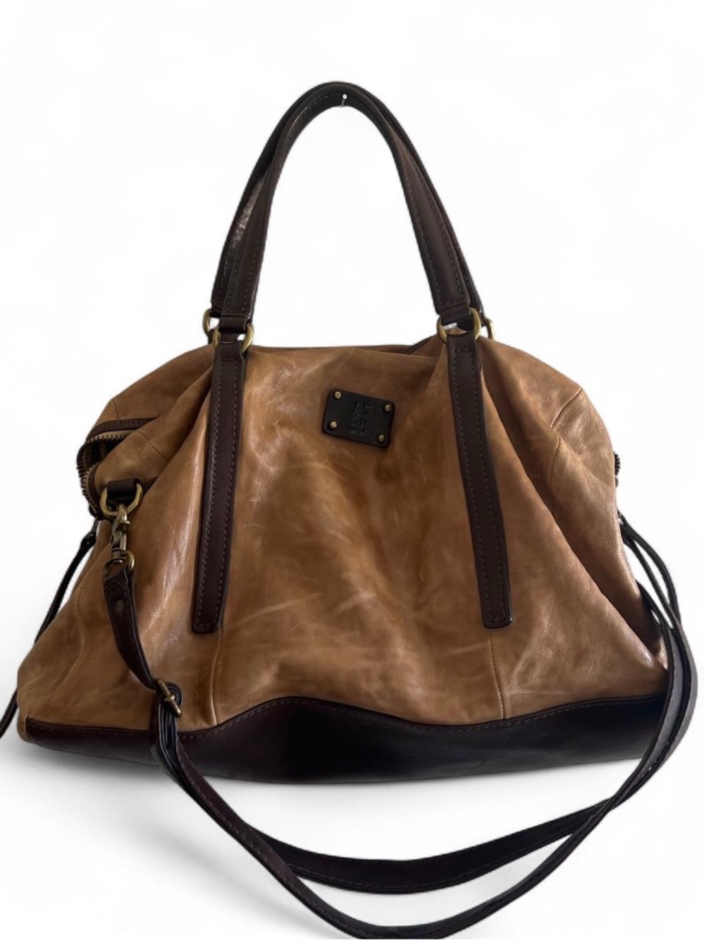 A.S.98 Distressed Tan and Dark Brown Leather Bag